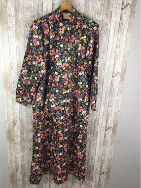 Vtg 70's  House Dress Floral Pocket High Neck Tie Mumu Duster Small Floral Zip